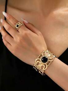 1 Set/2pcs Perhiasan Wanita Set Gelang dan Cincin Asimetris Geometris Terbuka yang Dapat Diatur, Desain Modis dan Berlebihan, Terbuat dari Logam Berongga dengan Batu Permata Imitasi dan Desain Geometris. - Hitam - View 8
