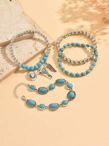 4pcs Western Cowboy Style Blue Turquoise CCB Beaded Anklet Set With Bull Head, Hat And Leaf Pendant, Vintage Layered Anklets For Women, Suitable For Daily Wear, Party And Date - Multicolor - View 3
