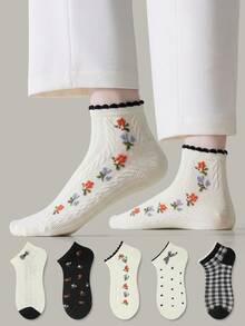 ZUJO 5 Pasang Kaos Kaki Pendek Wanita Hitam & Putih, Motif Polkadot & Bunga Kecil & Pita & Papan Catur, Cocok untuk Pemakaian Sehari-hari, Sederhana dengan Warna Acak - Hitam dan Putih - View 6