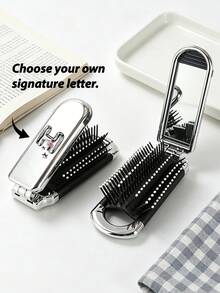 1pc Foldable Air Cushion Massage Comb, Electroplated Silver Color, Personalized Letter A-Z, Pink Bow, Star Pattern, Compact Portable Pocket Comb, Bag Comb, Women's Hair Styling Comb, Suitable As Gift - Silver - View 5