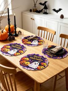 4件組 Happy Halloween 圓形亞麻餐墊，南瓜與幽靈圖案，萬聖節桌墊，西式餐墊，萬聖節裝飾，萬聖節派對裝飾，不給糖就搗蛋裝飾，Happy Halloween 裝飾，桌面配件 - 多色 - 查看 2