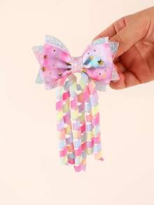 2 buah Jepit Rambut Pita Grosgrain Motif Bintang Pelangi untuk Anak Perempuan, Pinggiran Perak, Hiasan Rumbai Keriting, Jepit Rambut Buaya, Jepit Rambut Lucu dan Manis untuk Sehari-hari, Aksesori Rambut Remaja - MultiWarna - View 3