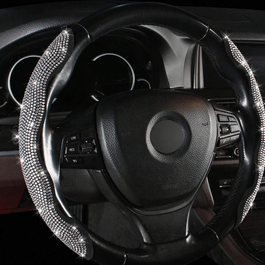 2pcs Non-Slip Steering Wheel Cover - Crystal Diamond Decoration + Two-Section Embedded Design + No Inner Ring, For Car/MPV/SUV/RV/Pickup/Van