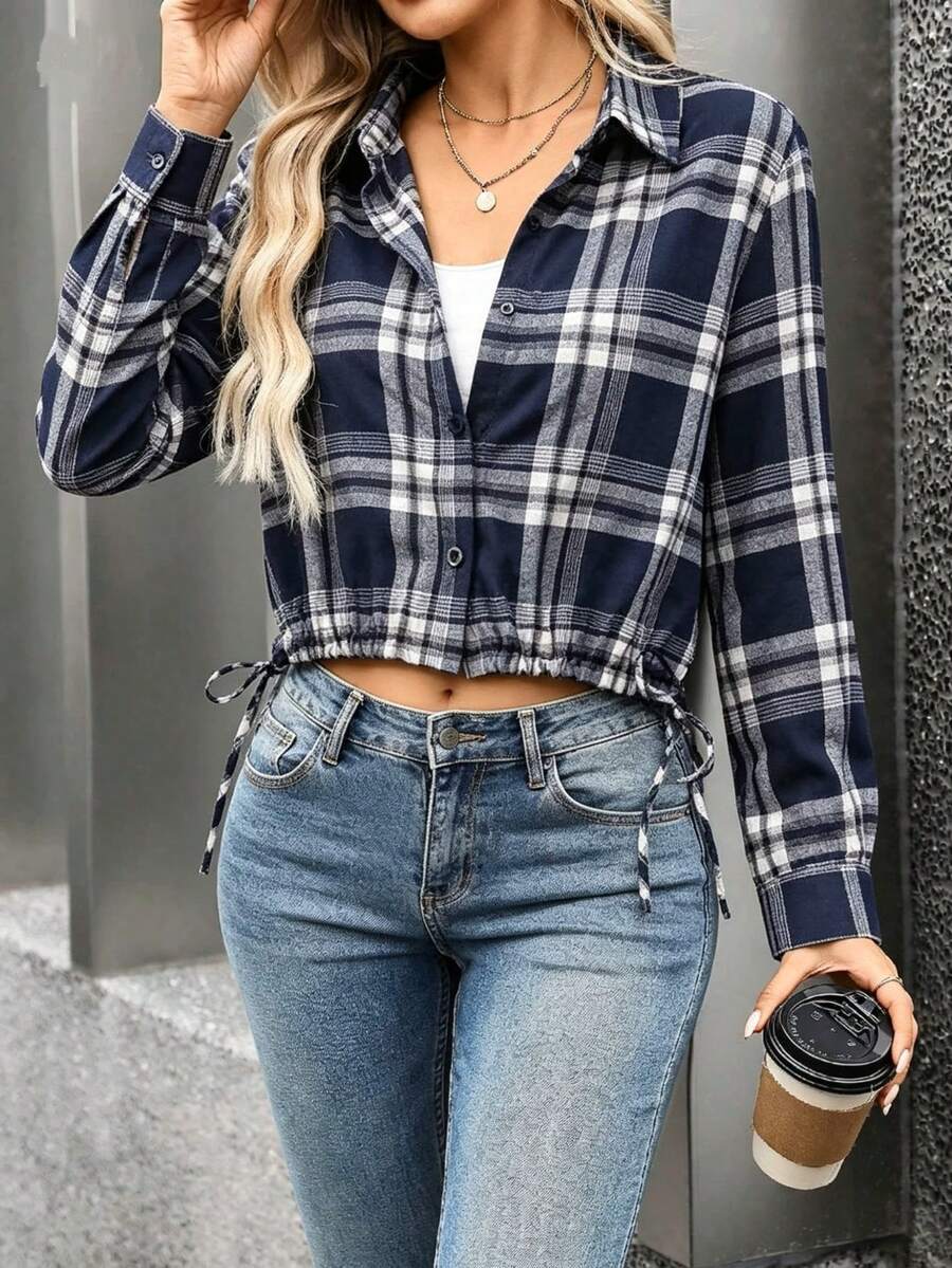 Women's Blue & White Plaid Short Shirt, Drawstring Hem, Long Sleeve Crop Top, Autumn Essential - Navy Blue - View 1