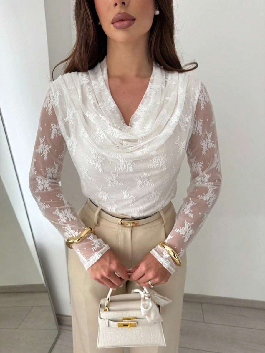 Women's Autumn White Floral Sheer Mesh Cowl Neck Ruched Slim Fit Lace Top, Suitable For Dating, Business Commute, Vacation, Office Wear, Afternoon Tea Gathering, Party And Other Occasions - White - View 1