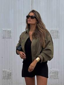 Women's Vintage Casual Streetwear Daily Solid Color Loose Open Front Zipper Jacket, Women's Jacket, Autumn/Winter Jacket - Army Green - View 4