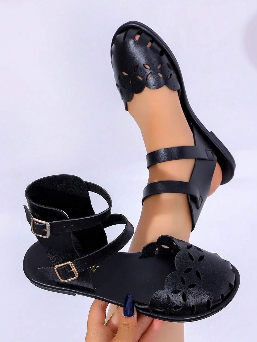 Vintage Hollow Toe Women's Flat Sandals, Solid Color Faux Leather Upper, Double Buckle Heel Strap, Casual Vacation, Lightweight And Breathable - Black Buckle - View 1
