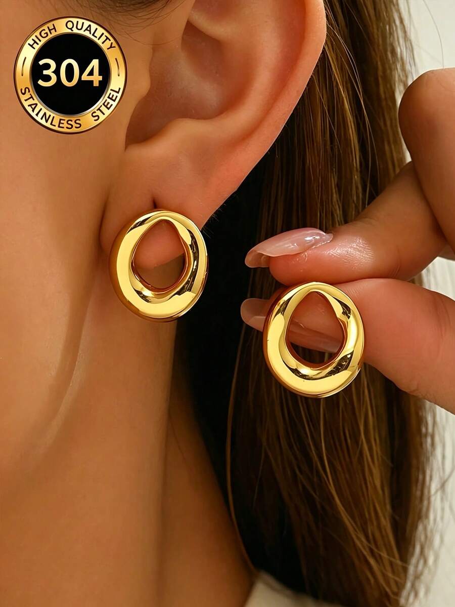 VJS 1 Pair European And American INS Style Exaggerated Geometric Hoop Earrings, Vacuum Plated Gold Stainless Steel Stud Earrings, Suitable For Commuting, Daily Shopping, Dating, Vacation, Party, Workplace Outfit, Gift Giving - Geometric Hoop Earrings - View 1