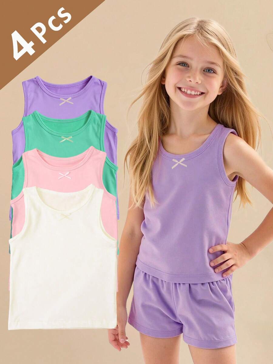 4pcs Girls Sweet Cute Solid Color Bow Tank Tops, Suitable For Girls All Season Layering And Outerwear - Multicolor - View 1
