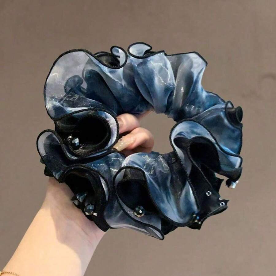 Midnight Floating Cloud Korean Style Vintage Satin Scrunchie, Premium Elegant Rhinestone Hair Tie Hair Band - Multicolor - View 1
