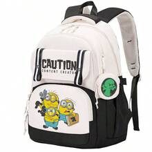 Miniso Sac à dos quotidien large en deux pièces style coréen Minion, bloc de couleurs noir et blanc, avec slogan CAUTION CONTENT CREATER, porte-monnaie rond avec motif fantôme vert, Pe - Couleur 1 - Voir 4