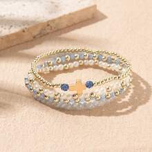 4pcs Luxury Gentle Elastic Bracelet Set, Beige Beads With Transparent Light Blue Faceted Cross Pendant, Elastic Cord Fits All Wrist Sizes, Versatile For Daily Commute, Date, Gentle Style Niche Women's Jewelry - 4pc Cross - View 4