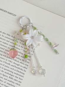 1pc INS Fairy Style Iris Flower Bag Charm, Peach Beaded Keychain, Cute Tassel Phone Lanyard, Aesthetic Wallet Pendant - Multicolor - View 2