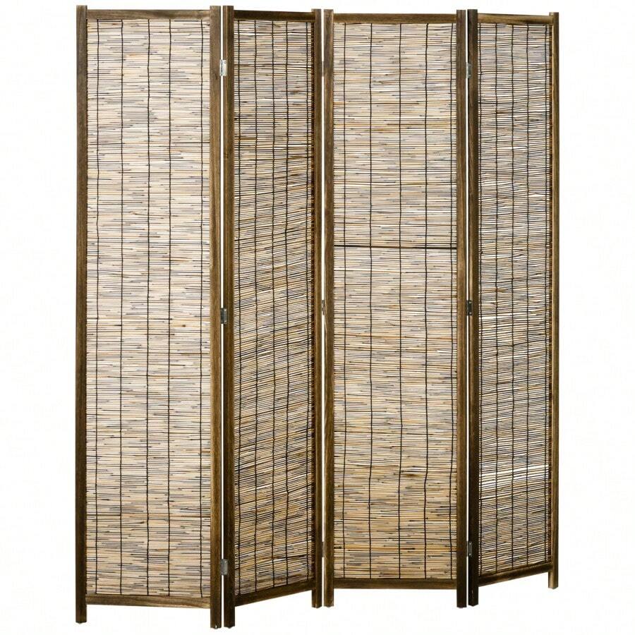 [Free Shipping] HOMCOM 4 Panel Room Divider, 5.5 Ft Portable Folding Privacy Screens, Reed Hand-Woven Freestanding Partition Wall Dividers For Home Office, Carbonized-XY369605 - Multicolor - View 1