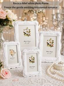 1pc White Rose Embossed Photo Frame, Resin European 3D Classical Floral Design, Gold Trim Decorative Frame Ornament, Warm Home Desktop Decor, Horizontal & Vertical Use, Suitable For Bedroom, Study, Office Desk Decoration - 1PC - View 3