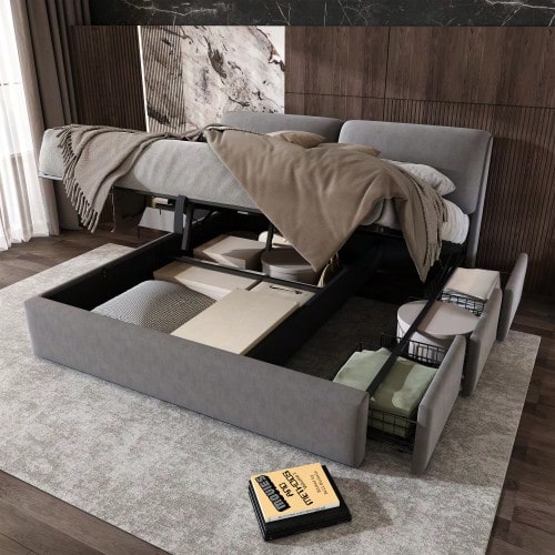 سرير مبطن، 180*200، سرير هيدروليكي، ثلاثة أدراج، صندوق سرير للتخزين، إطار شرائح مع لوح رأسي - رمادي - مشاهدة 1