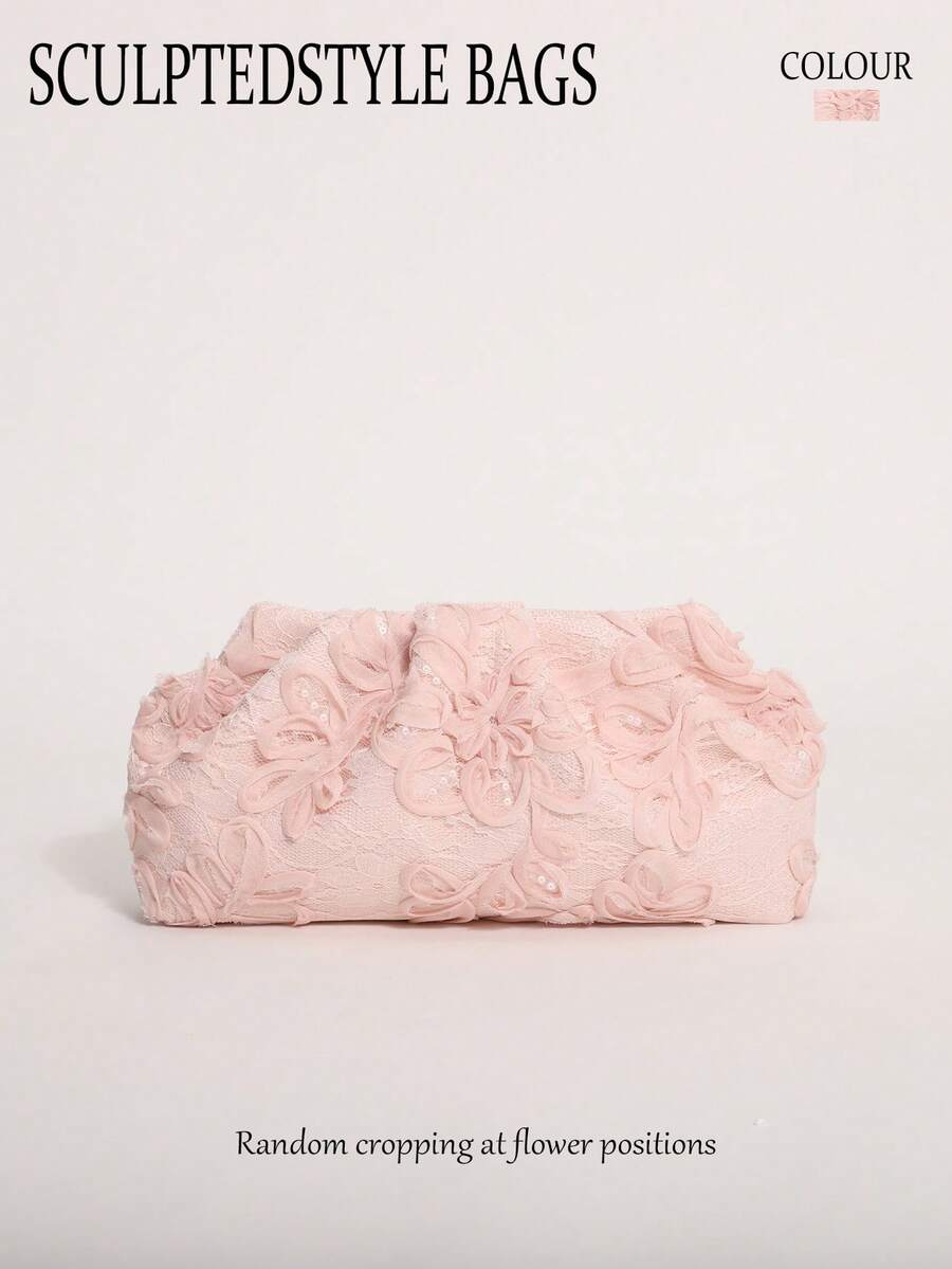 SCULPTEDSTYLE BAGS 1件裝 粉色柔軟蕾絲刺繡亮片拼接花卉圖案百褶雲朵手拿包 女款高級質感時尚鏈條斜挎包(隨機花卉圖案) - 淺粉色 - 查看 1