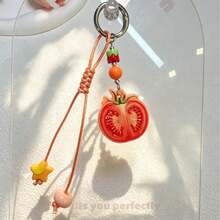 1 pièce Porte-clés en résine de fruit avec perles de corde tressées à la main, pendentif de sac fraise orange pastèque tomate figue - Multicolore - Voir 12