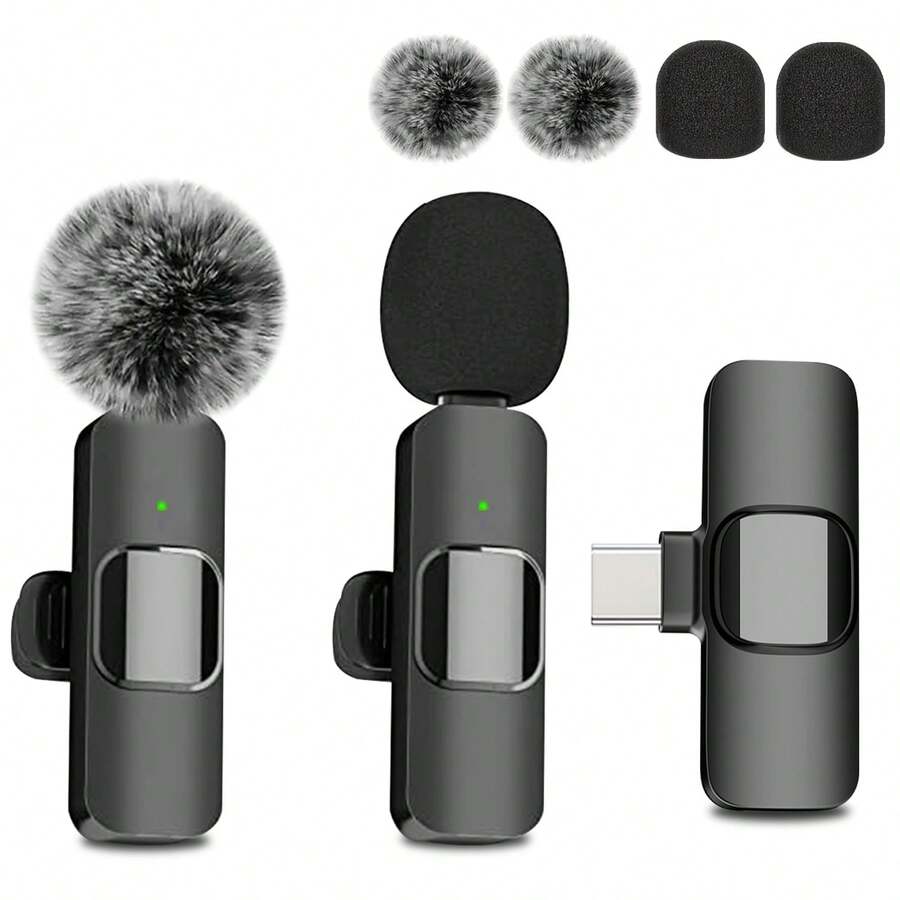 Wireless Lavalier Microphone Compatible With IPhone Type-C And Android Cameras, Plug And Play, Professional Noise Proof Clip-On Microphone For Creators And Interviews (50mAh Rechargeable Battery) - 黑色 - 查看 1