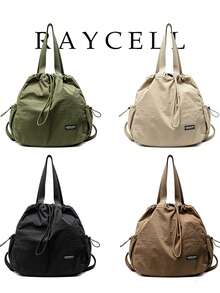 Solid Color Minimalist Shoulder Bag Large Capacity Portable Women's Tote Bag Versatile Style Drawstring Backpack Suitable For Daily School Shopping - Multicolor - View 2