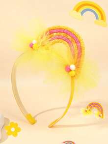 1pc Yellow Glitter Rainbow Tulle Headband For Girls Pom Pom Decor Cute Birthday Party Headwear Daily Hair Band Teens Hair Accessories - Multicolor - View 1