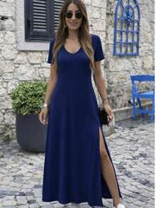 Women's Solid Color V-Neck Short Sleeve Side Slit Hem Casual Dress - Navy Blue - View 1