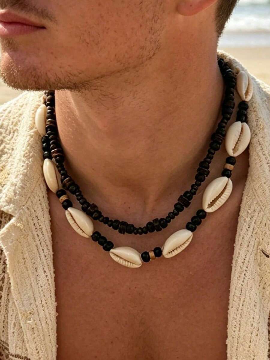 2pcs Vintage Surfing Beach Multi-Layer Beaded Necklace, Men's Summer Vacation Accessory - White K - View 1
