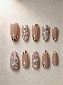 10 Stücke mittelange mandelförmige 3D strukturierte Goldrand French Cat Eye Shell Nagelkunst Kunstnägel, verbessern sofort Ihr Aussehen, betonen Ihre schlichte Eleganz, elegant und minimalistisch, Y2K Prinzessin minimalistischer sexy Stil, geeignet für Frauen und Mädchen für den täglichen Gebrauch, auch ein zartes Geschenk für Frauen und Mädchen, Press-On Nägel Nagelzubehör - Verschiedenfarbig - Übersicht 2
