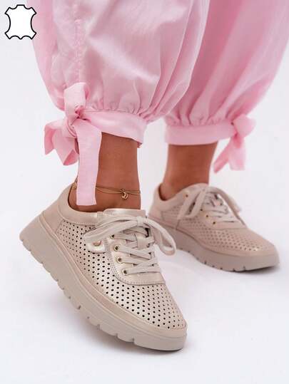 Women's Openwork Leather Half-Shoes Vinceza 79629 Made Of Natural Leather For Everyday Styles, Lightweight And Laced With A Raised Sole Gold