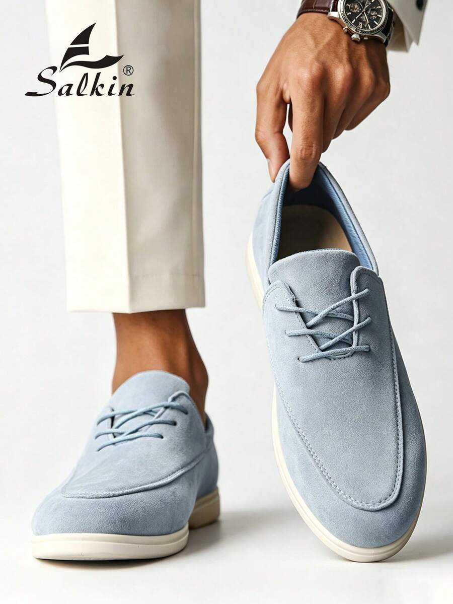 Salkin 男士時尚設計師樂福鞋 繫帶手工縫製 柔軟仿麂皮/純素皮革 內墊軟後跟領 商務正裝鞋 男士莫卡辛鞋 日常辦公 婚禮派對 情侶約會 浪漫晚餐 節日禮物 學生休閒鞋 百搭建議選擇大一號 - 霧霾藍 - 查看 1