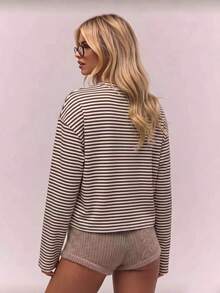 Women's Red Striped Cardigan, Round Neck, Long Sleeve, Front Button Closure, Elastic, Casual Daily Wear Top, Stylish, Comfortable, Versatile - Khaki - View 3