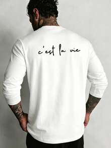 C'est La Vie French Handwritten Loose Long Sleeve T-Shirt Men Spring/Autumn White Minimalist Commuter Base Layer - White - View 3