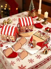 10pcs Christmas House Shape Gift Boxes With Handles Cartoon Christmas Tree Snowman Pattern Gift Packaging Box With Gift Tags Christmas Window Display Design Paper Treat Box For Winter Holiday Xmas Party Favors - Christmas Edition - View 3