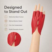 1 Pair Vintage Red Leather Gloves For Women, Elegant Fingerless Split-Finger Design With Double Button Cut-Out Hollow Detail, Evening Party Stage Performance Atmosphere Accessory Gloves - Multicolor - View 7
