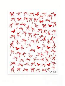 1PC Solid Red Long Tail Ribbon Bow Flat Nail Stickers, Simple Mixed Size Streamer Bow Pattern Waterproof Self-Adhesive Nail Decal Stickers For Valentine Party Nail Making - Multicolor - View 4