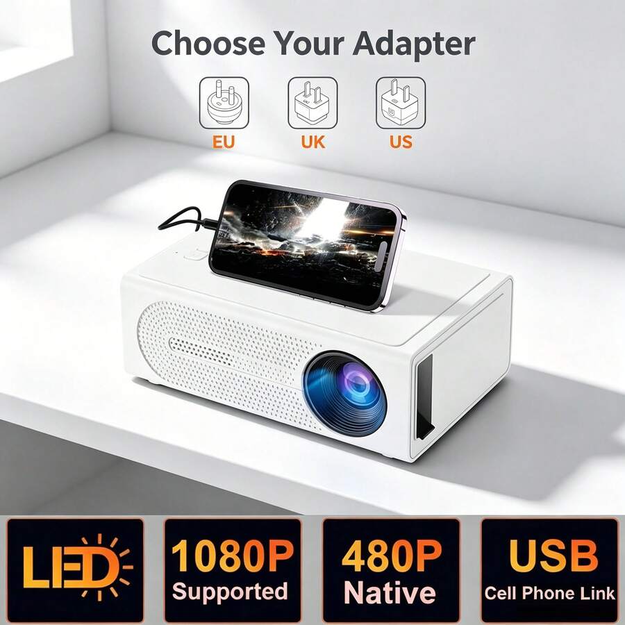 MOMAN 便攜式迷你 LED 投影機，有線 USB 手機螢幕鏡像，無需 WiFi 無線投屏，原生 320*240P，1080P 解碼，EU/UK/US 插頭可選，適用於家庭劇院、派對、辦公室