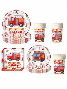 50Pcs Fire Truck Birthday Party Tableware Set With Happy Birthday Banner - Disposable 7/9" Plates & 9oz Cups For Kids'Party Decor - Multicolor - View 4