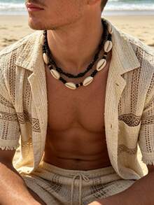 2pcs Vintage Surfing Beach Multi-Layer Beaded Necklace, Men's Summer Vacation Accessory - White K - View 2