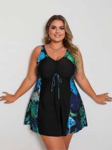 2026 Vacation Style Plus Size Swimdress: Vibrant Tropical Leaf Print On Black Base For A Fresh And Modest Beach Look - Black - View 4
