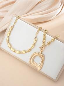 2/1pc Fashion Vintage Exaggerated Geometric Pendant OT Clasp Beaded Necklace Set For Women, Suitable For Daily Wear, Party, Vacation, Date, Travel, Evening Dinner, Perfect Gift For Girlfriend And Mother - Yellow Gold - View 3