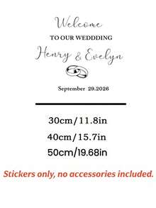 可客製化婚禮歡迎貼紙「Welcome To Our Wedding」情侶戒指圖案直式鏡面乙烯基裝飾貼紙，可客製化情侶姓名與婚禮日期自黏文字貼紙 - 彩色 - 查看 3