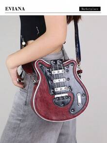 2025 New Personalized Y2K Baddie Retro Mini Guitar Bag, Asymmetric Bass Guitar With Chain Shoulder Slung (Small) - 酒紅色 - 查看 1
