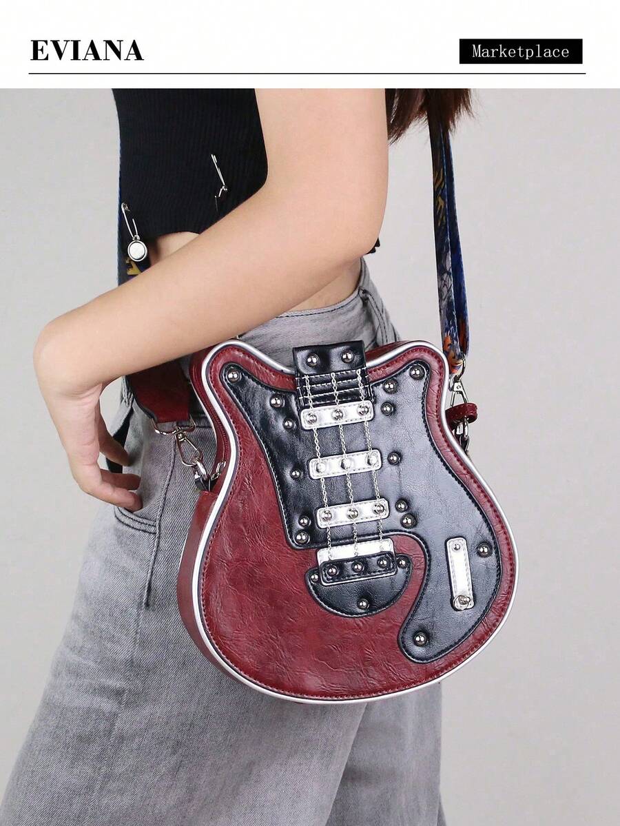 2025 New Personalized Y2K Baddie Retro Mini Guitar Bag, Asymmetric Bass Guitar With Chain Shoulder Slung (Small) - 酒紅色 - 查看 1