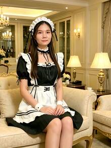 1件女僕裝套裝，包含泡泡袖荷葉邊圍裙、領結、頭飾、項鍊與腿飾 - 彩色 - 查看 10