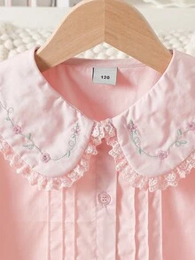 Girls' Autumn Turn-Down Collar Long Sleeve College Style Thin Shirt - Pink - View 3