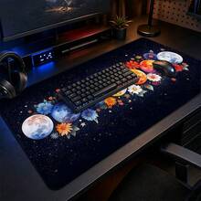 Dark Starry Sky Colorful Moon Phase Floral Large Gaming Mouse Pad, Aesthetic Planet Flower Non-Slip Stitched Edge Desk Mat, Thickened Keyboard Pad, Suitable For Men Gaming And Office - View 2