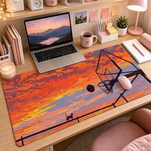Orange Sunset Basketball Court Black Cat Illustration Large Mouse Pad, Healing Anime Sunset Landscape Non-Slip Stitched Edge Desk Mat, Thickened Keyboard Pad, Suitable For Students And Office - View 3