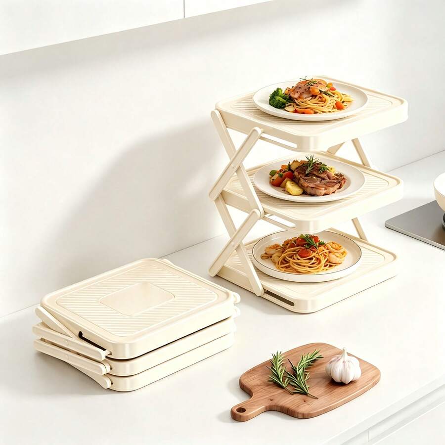 Estante portátil plegable de varias capas para preparación de cocina, bandeja de almacenamiento de alimentos para encimera, organizador de ingredientes para olla caliente que ahorra espacio, adecuado para cocina del hogar - Multicolor - Ver 1