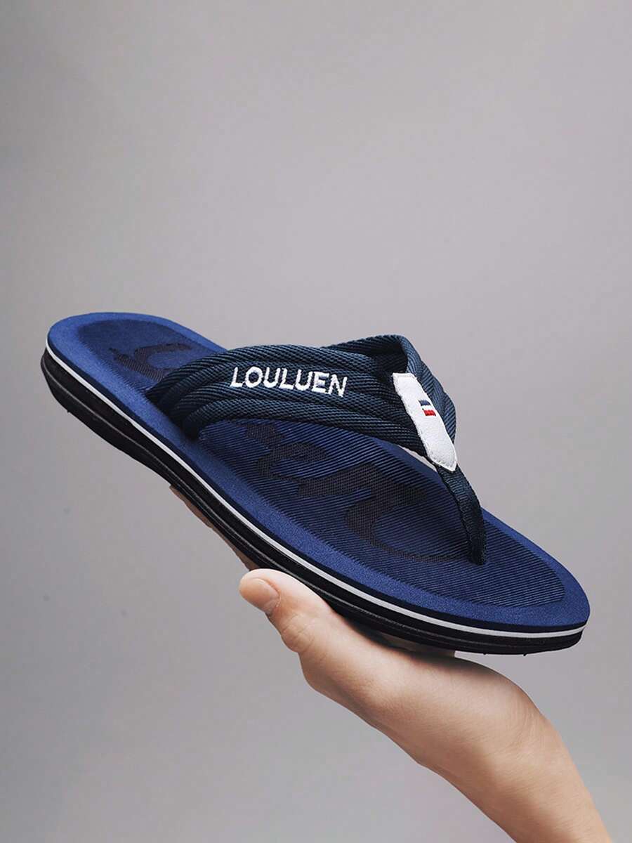 Men's Contrast Color Geometric Pattern Sole, Multi-Layer Trim Flat Design, Lightweight Soft Versatile Casual Beach Flip Flops For Home, Walking, Beach Vacation - Navy Blue - View 1