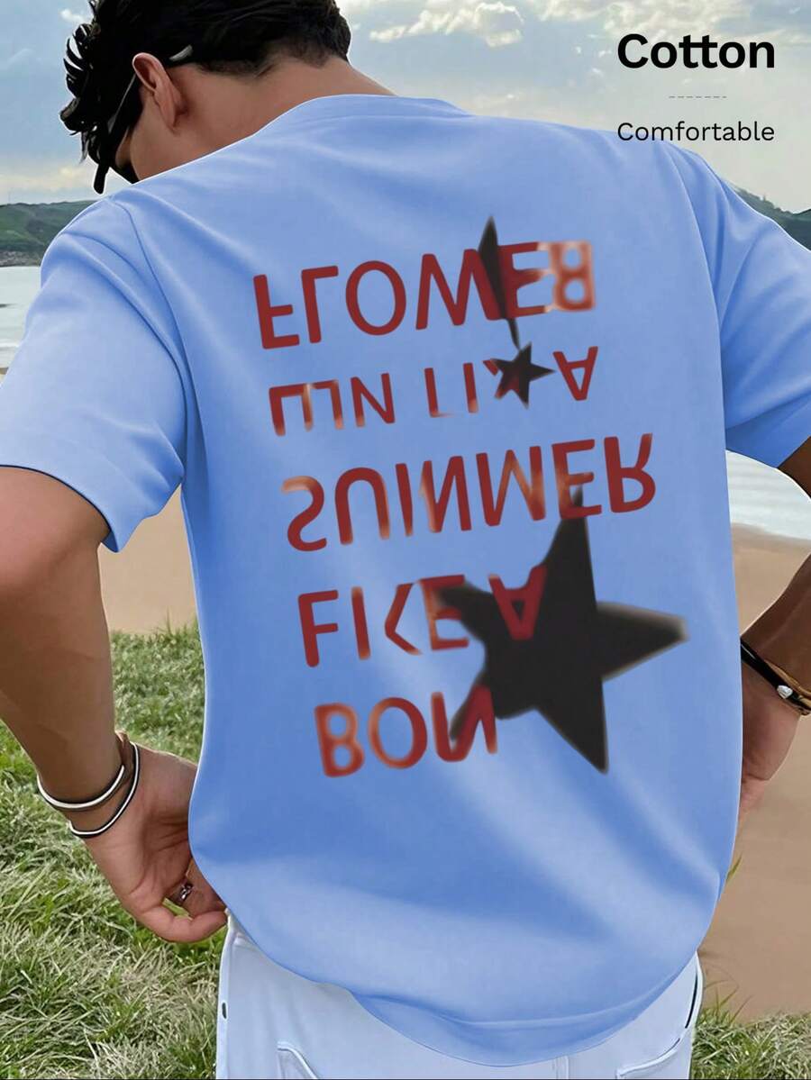Unisex Loose-Fit Pure Cotton T-Shirt, Stars Letter Slogans Print, Ideal For Daily Summer, Beach, Graduation, Vacation - Light Blue - View 1